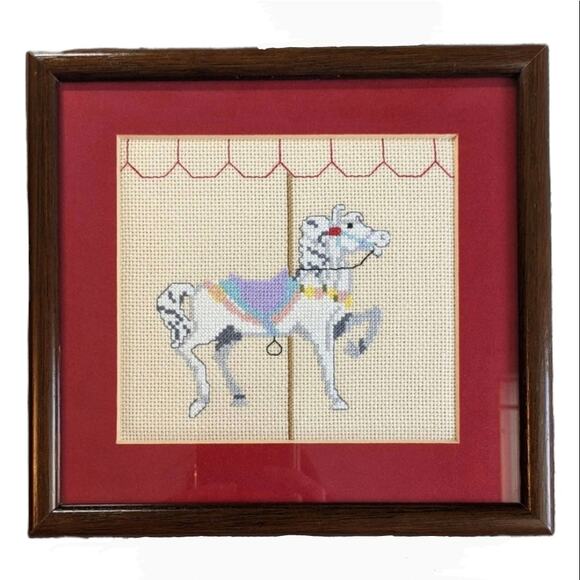 Carousel horse needlepoint set of 6 framed and matted handcrafted - Picture 1 of 10